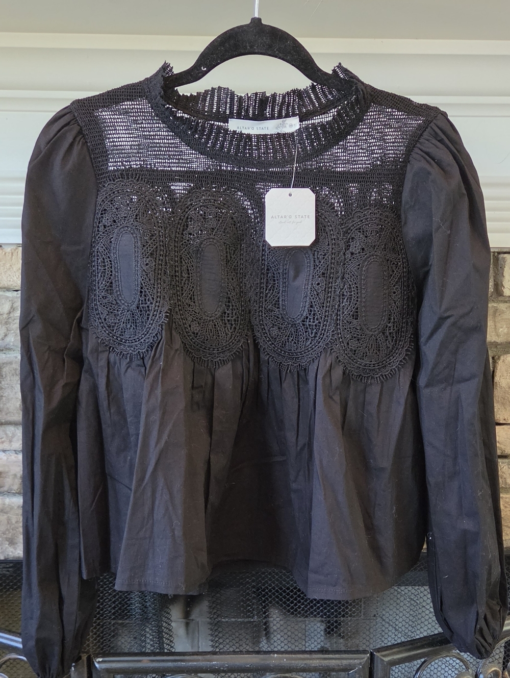 Altar'd State Black Crochet Yoke Long-Sleeve Baby Doll Top